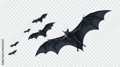 Several black bats flying in the dark with large wings spread out