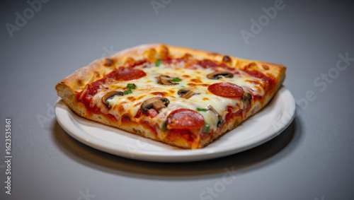 Wallpaper Mural Close-up of a square slice of pepperoni and mushroom pizza with melted mozzarella cheese, served on a white plate against a grey background.
 Torontodigital.ca
