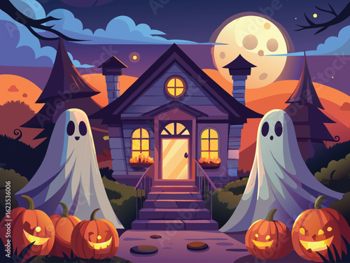 Spooky Halloween night with glowing jack o lanterns and friendly ghosts outside a house