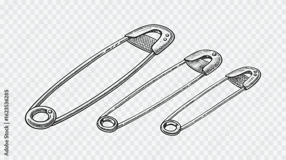 Fototapeta premium Three safety pins of varying sizes isolated on white background