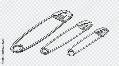 Three safety pins of varying sizes isolated on white background