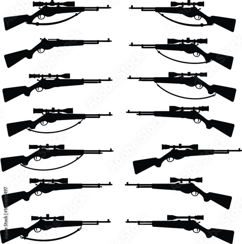 Scoped Rifle Vector Illustration Set. A comprehensive collection of hunting and sniper rifle silhouettes for military, hunting, and game design concepts.