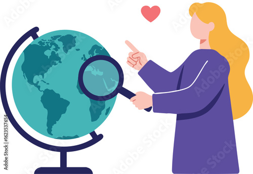 Woman examining world globe with magnifying glass showing love and interest in geography and exploration vector illustration