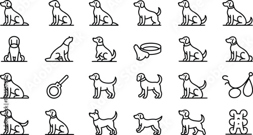 Collection of dog icons in various poses and breeds