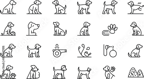 Collection of simple line art dog icons in various poses