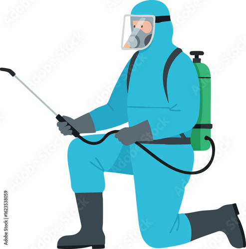 Pest control worker in protective blue suit spraying pesticide with green tank for disinfection and extermination
