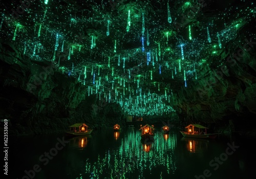 Illuminated reed flute cave in guilin china showcasing the natural beauty of the cave formations and reflections on the water