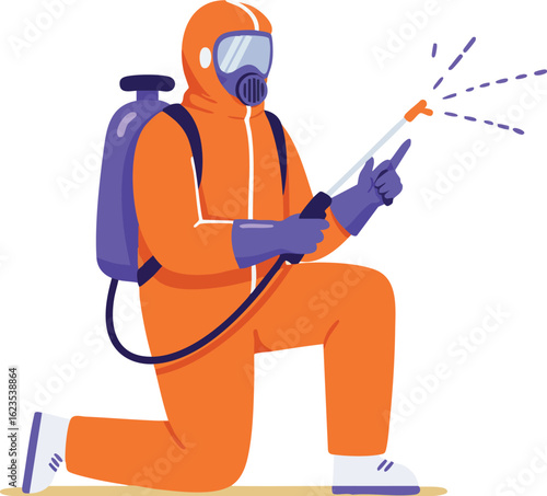 Person in orange hazmat suit spraying disinfectant with protective mask and gloves vector illustration