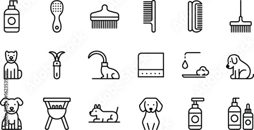 Collection of dog grooming and pet care icons in a clean line art style