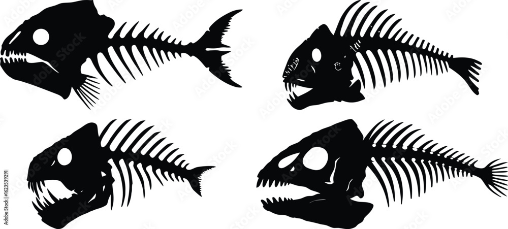 Fototapeta premium Fish Skeleton Silhouette Vector collection – Detailed Bone Structure of Dead Fish on Transparent Background