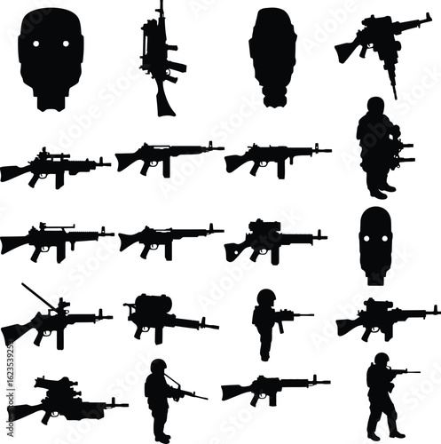 Military Rifle and RPG Launcher Vector Illustration Set. A comprehensive collection of assault rifle and grenade launcher silhouettes for war and army concepts.