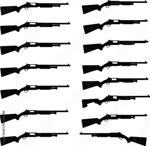 Shotgun and Rifle Vector Illustration Set. A comprehensive collection of firearm silhouettes including sawed-off shotguns, perfect for hunting, military, and game design.