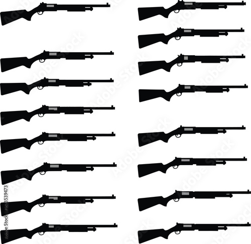 Shotgun and Rifle Vector Illustration Set. A comprehensive collection of firearm silhouettes including sawed-off shotguns, perfect for hunting, military, and game design.