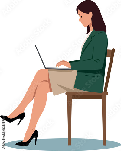 Businesswoman sitting on chair working on laptop wearing green jacket and beige skirt professional vector illustration