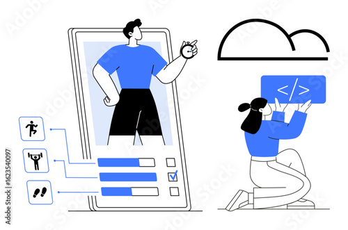 Person reviewing fitness progress on mobile app with data icons while another codes under a cloud icon. Ideal for fitness, technology, app development, health monitoring, coding, productivity
