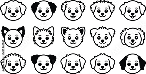 Collection of cute cartoon dog faces in a variety of breeds and styles