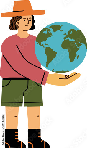 Person holding globe earth in hands wearing hat and casual clothing vector illustration design