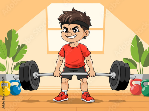 Young Boy Powerlifting with Barbell and Kettlebells in Bright Fitness Room
