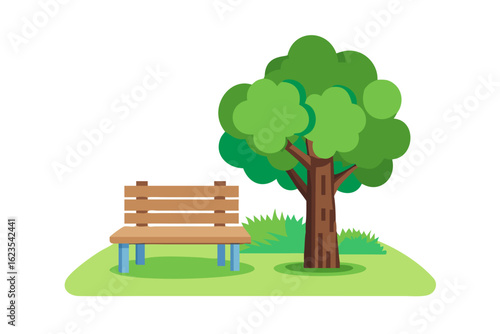 Park bench and tree in a grassy area isolated on transparent background
