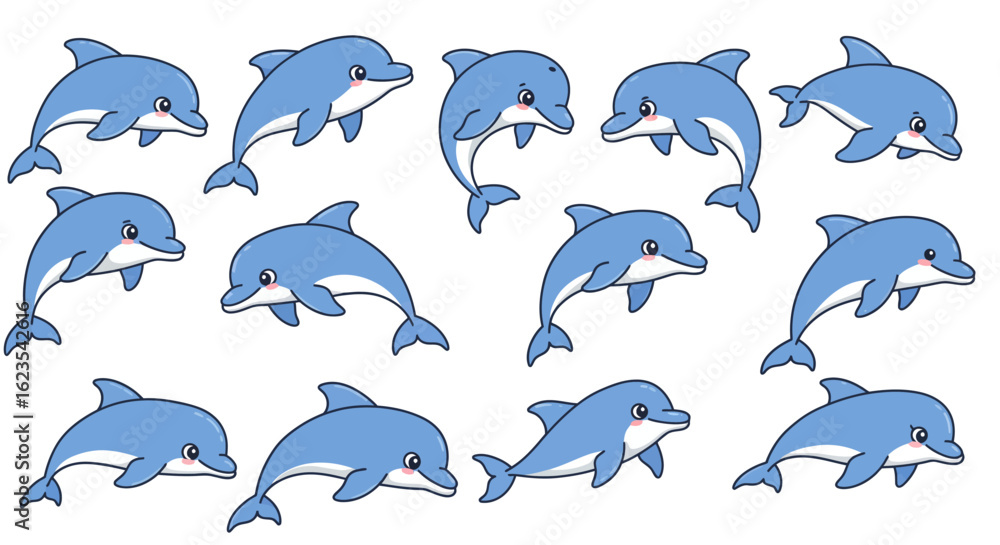 Fototapeta premium A delightful collection of playful blue dolphins gracefully swimming and leaping through the ocean waters showcasing their acrobatic skills and joyful spirit for a serene and captivating aquatic scene