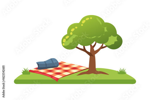 Cartoon picnic scene with a tree blanket and bag isolated on transparent background