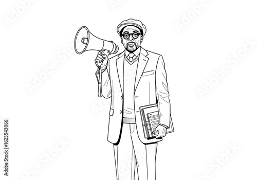 director with a megaphone in formal attire for filmmaking announcement concept in a minimalist style