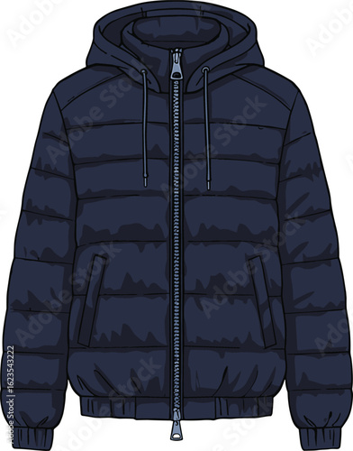 Dark blue quilted puffer jacket with hood, front zipper and pockets, cozy winter outerwear for men’s fashion, isolated warm clothing for cold weather