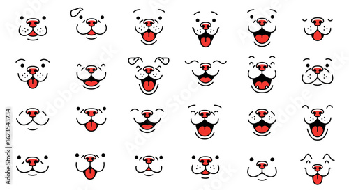 Collection of Diverse Adorable Dog Faces Expressing Various Happy Emotions and Playful Moods Perfect for Cute Illustrations and Graphic Designs