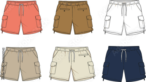 Men's cargo shorts set, fashion flat technical sketch collection, vector illustration. Apparel design template with cargo pockets, drawstring for summer wear mockups.