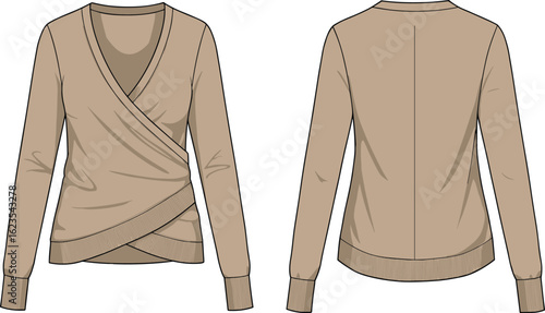 Women's beige long sleeve wrap sweater, V-neck pullover top, fashion flat technical sketch, front and back views, vector design template for clothing.