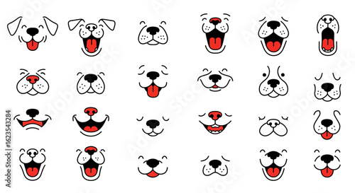 A Collection of Playful and Expressive Cartoon Dog Faces Demonstrating a Variety of Emotions and Joyful Expressions Perfect for Pet Themed Designs and Illustrations