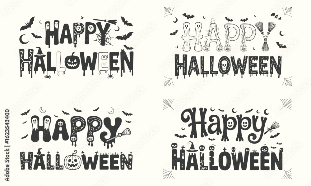 Fototapeta premium Spooky Happy Halloween lettering with bats, spiders, ghosts, and pumpkins for holiday invitations poster