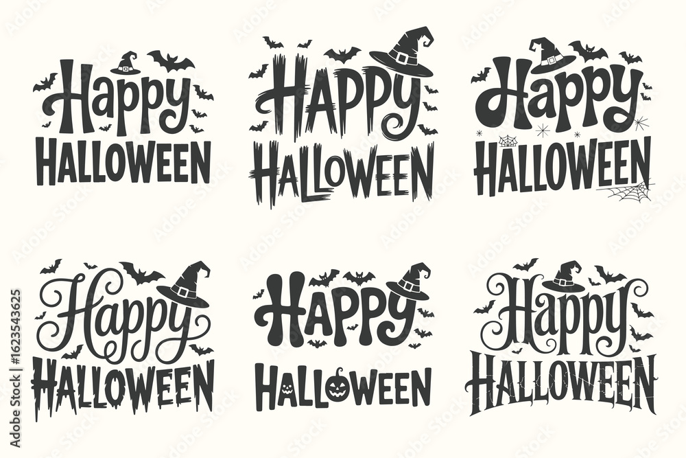 Obraz premium Festive Halloween Typography Designs Assortment of Vector Graphics Happy Halloween Greetings with Bats and Witch Hats