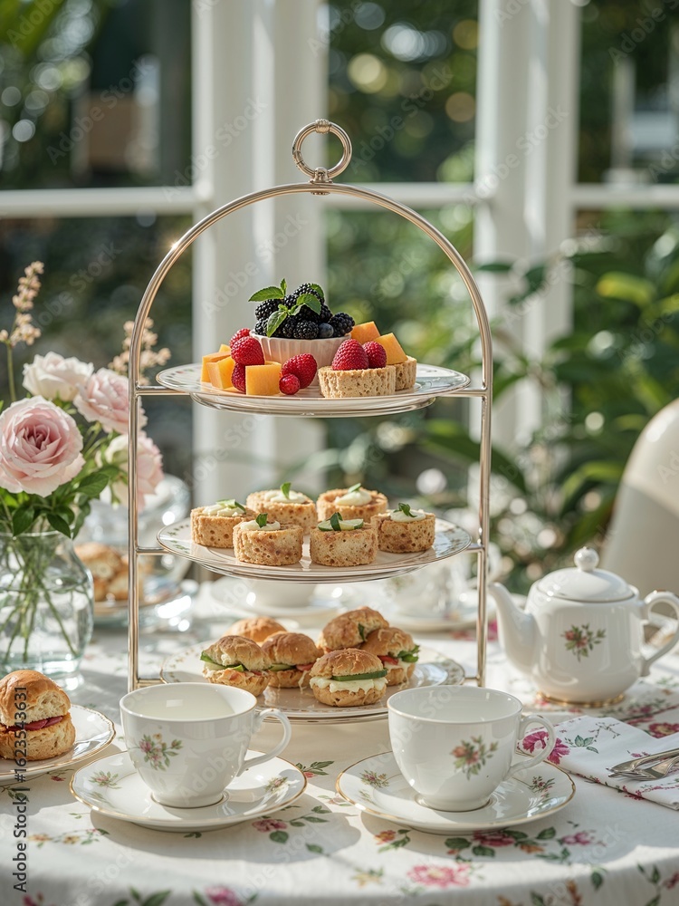 custom made wallpaper toronto digitalA three tiered stand with assorted pastries sandwiches and fruit for afternoon tea service indoors