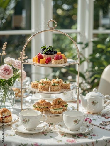 Wallpaper Mural A three tiered stand with assorted pastries sandwiches and fruit for afternoon tea service indoors Torontodigital.ca