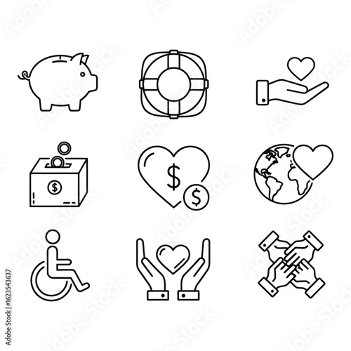 Charity and Donation Icons Set Depicting Generosity Support and Global Care for a Better World