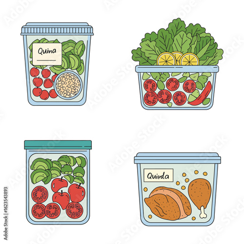Four clear glass jars filled with fresh vegetables and cooked chicken for healthy meal preparation and storage