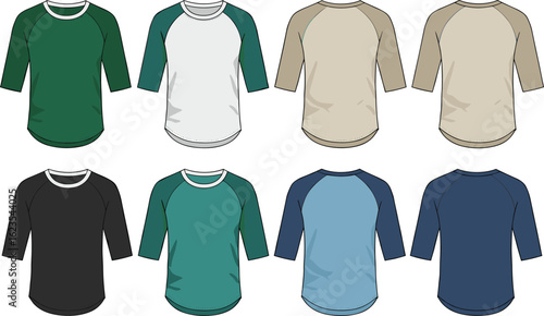 Collection of raglan sleeve baseball t-shirts, various color combinations, front and back views, flat vector illustration for fashion mockup, apparel design template, clothing set