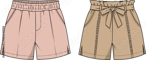 Women’s high waist shorts front view, elastic waistband and tie belt design, casual summer fashion flat sketch, vector clothing template for apparel mockup