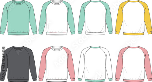 Front view of assorted crewneck sweatshirt mockups, blank unisex pullover template set, colorful casual long sleeve clothing design, vector fashion illustration, apparel collection