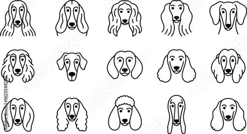 Collection of stylized dog portraits in a clean line art style