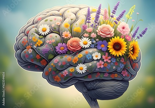 Digital art brain with flowers mental wellness positive healing