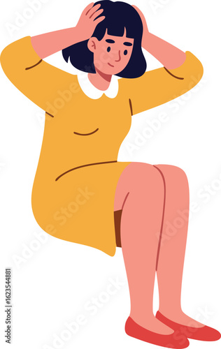 Woman sitting on floor holding head feeling stressed anxiety and worry in yellow dress and red shoes vector illustration
