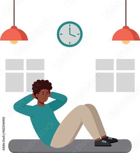 Man Exercising Doing Sit Ups Indoors With Clock And Lamps Above Relaxation Concept Vector Illustration
