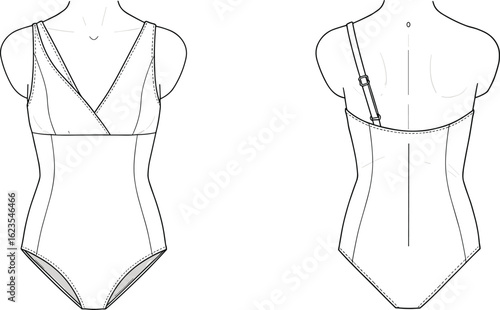 Flat fashion sketch of women's one-piece swimsuit with crossover front, adjustable straps, technical design illustration, front and back views