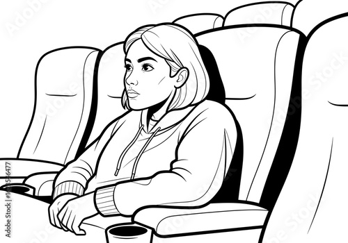 A woman sitting alone in a movie theater seat, looking at the screen in a black and white illustration
