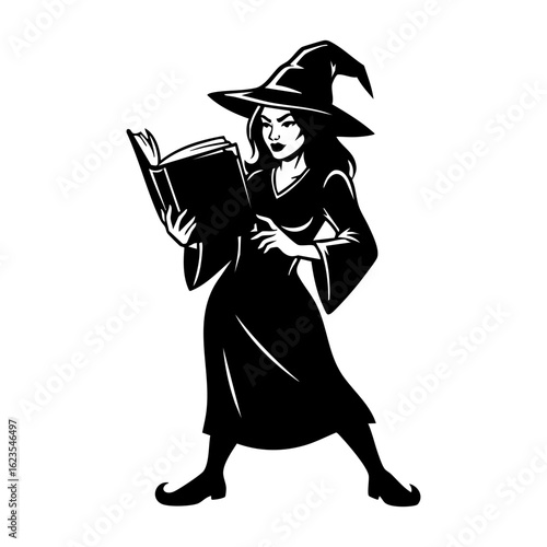 Witch Reading Spell Book Silhouette Vector Logo - Magic Study Halloween Character