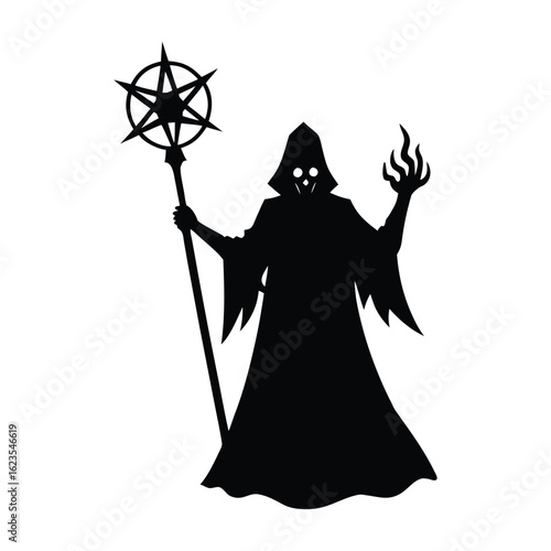 Silhouette of a hooded figure holding a staff and conjuring fire