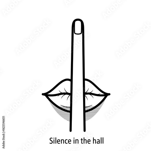 Illustration of a finger over lips symbolizing silence with a message "Silence in the hall" for communication purposes, monochrome black and white, copy space