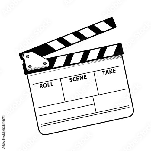 Illustration of a film clapperboard for movie production and direction purposes, monochrome black and white, copy space